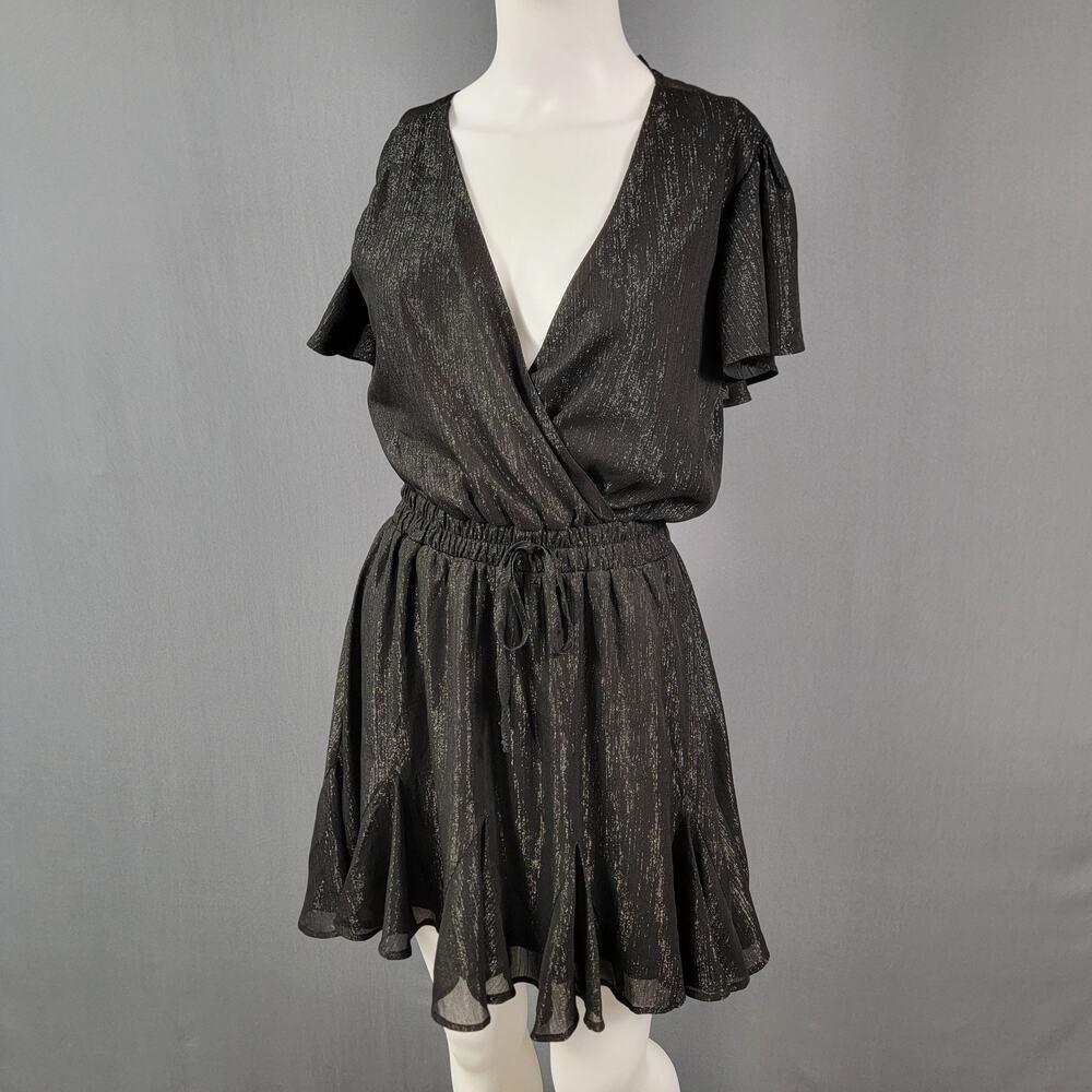 Mi Ami Black Metallic Mini Dress S Flutter Sleeve V-Neck Party